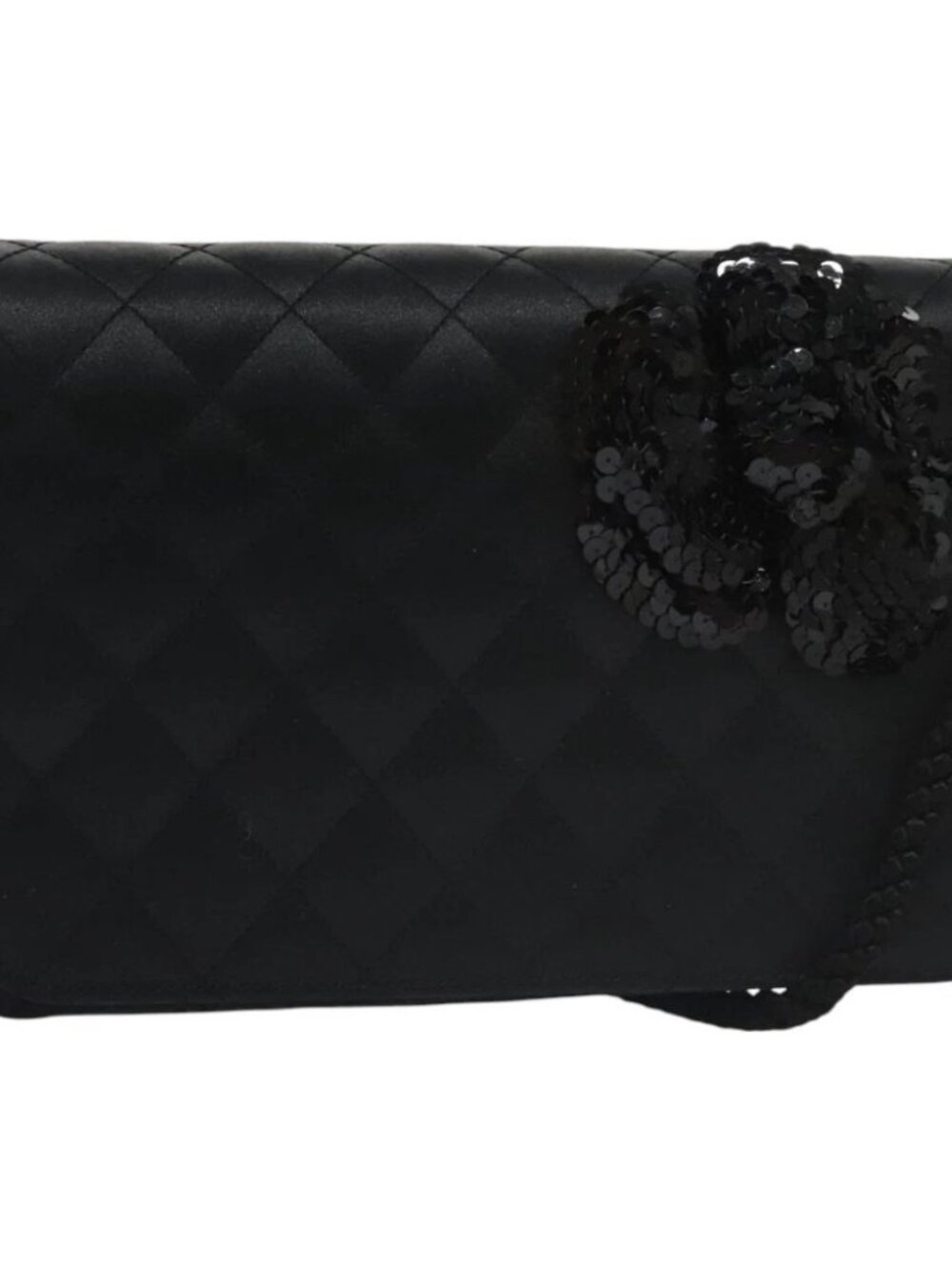 CHANEL Matelasse Sequin Flower Shoulder Bag Satin Black CC Auth 99855V